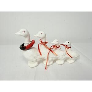 Dept 56 White Ceramic Red Ribbon Duck Family Figurine